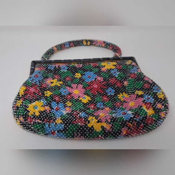 Vintage Handbags - Vintage Beaded Purse Colorful Floral Flowers 80s 90s Hand Bag Satchel